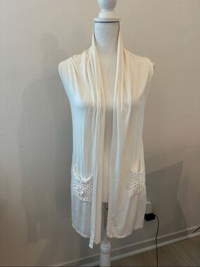Cream Sleeveless Draped Open Front Vest with Crochet Pockets